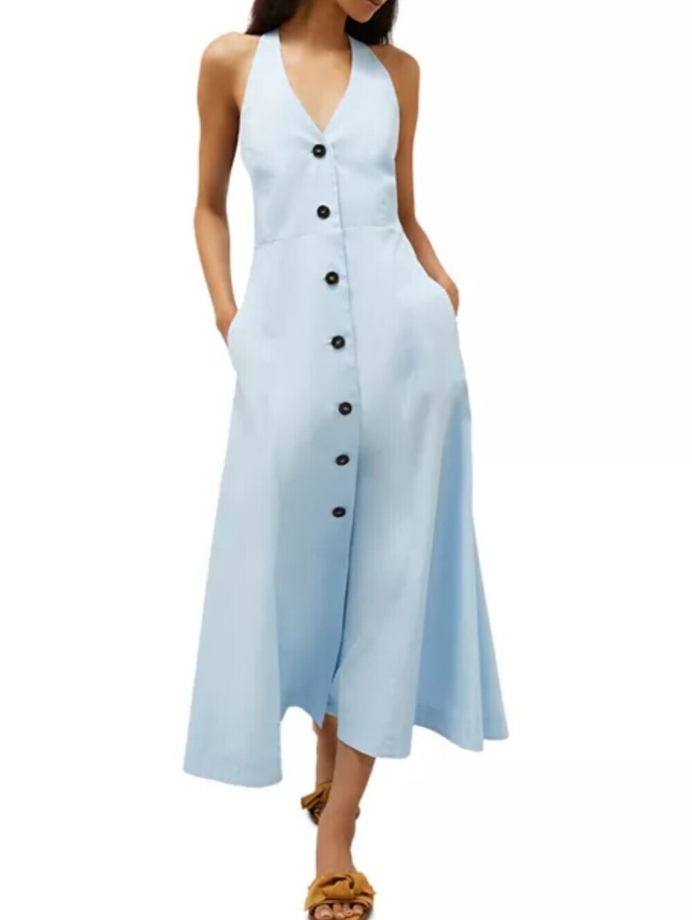 Max Mara Group MARELLA Pioppo Cotton Light Blue Button-Front Halter Maxi Dress